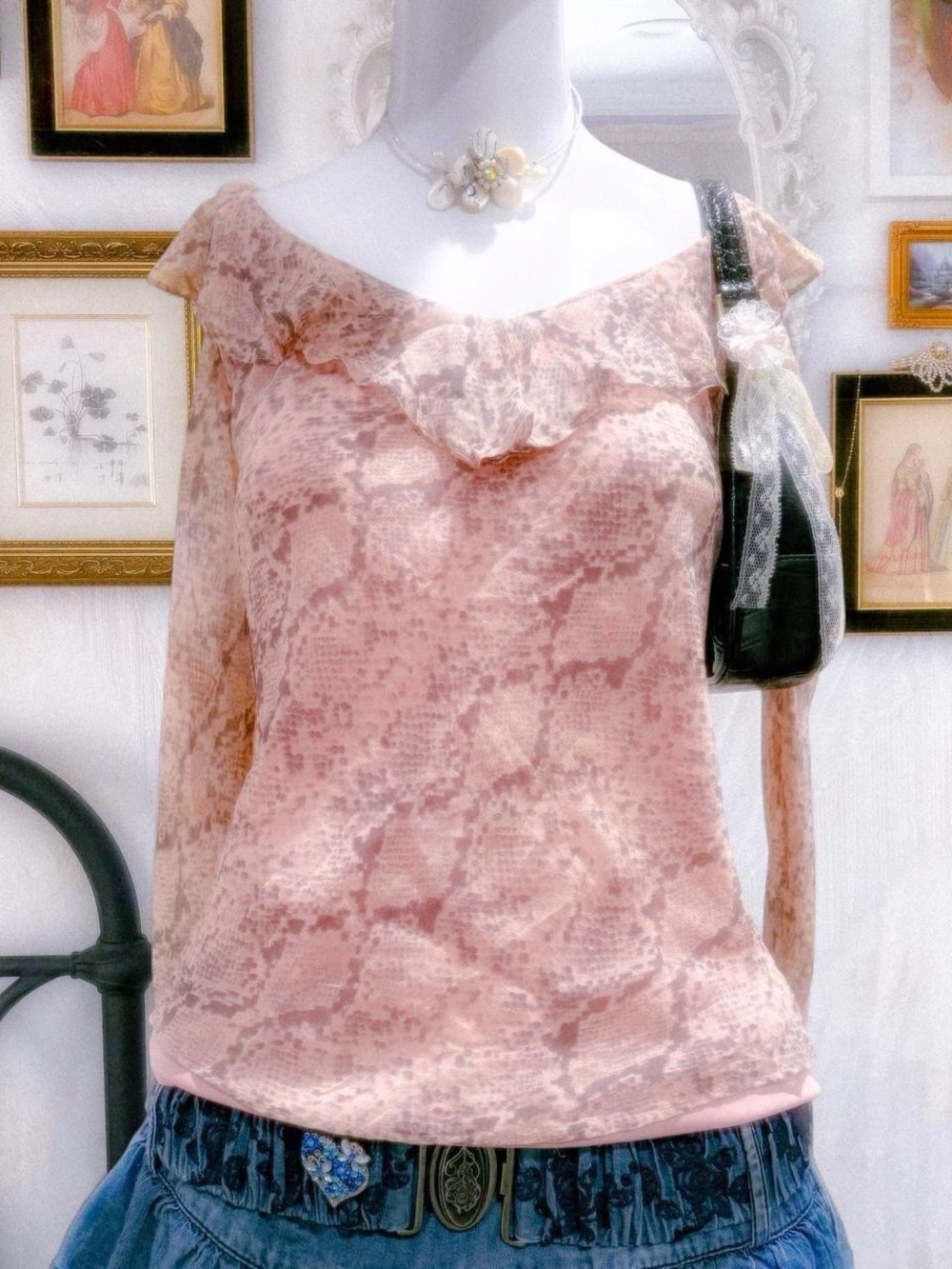 Y2K indie sleaze ruffle snake print silk blouse